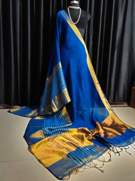 Blue Pure Handloom Linen Cotton Saree From Bengal
