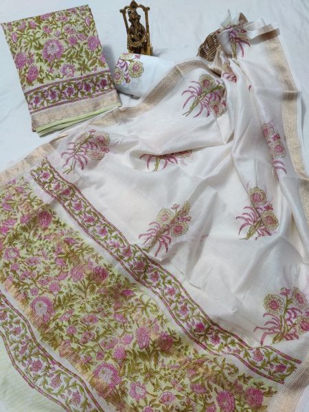 White Light Green Hand Block Printed Maheswari Silk Kurti Dupatta And Cotton Pant