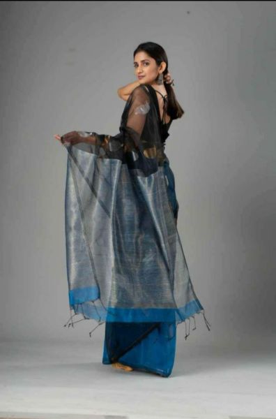 Black Blue Mango Maslin Silk Saree From Bengal
