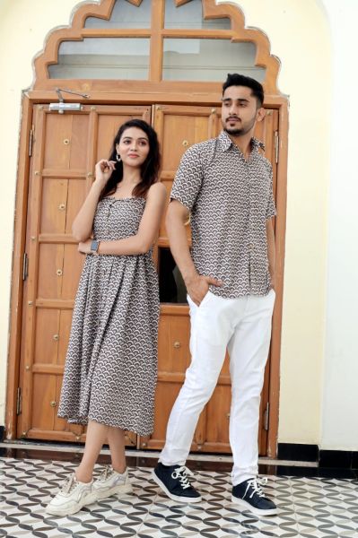White Brown Traditional Bagru Hand Block Printed Cotton One Piece Combo