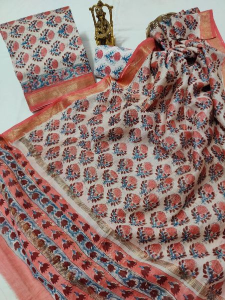 Cream Peach Hand Block Printed Maheswari Silk Kurti Dupatta And Cotton Pant