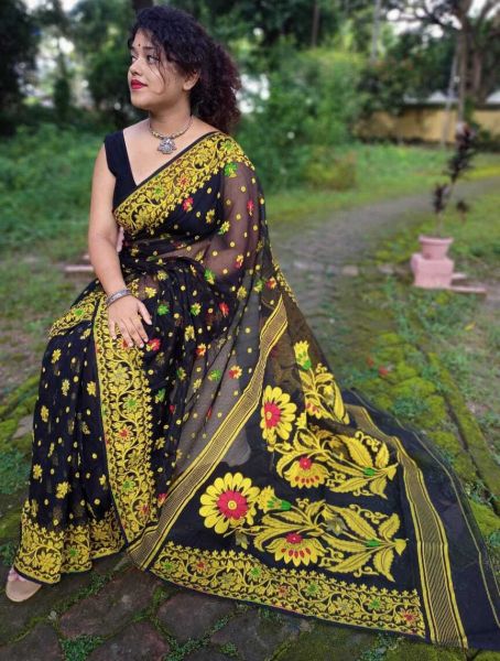 Black And Yellow Dhakai Jamdani Flower Design Saree From Bengal