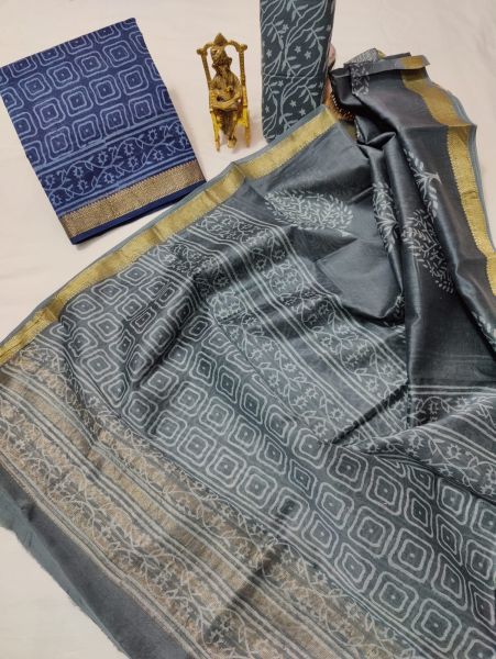Dark Grey Blue Hand Block Printed Maheswari Silk Kurti Dupatta And Cotton Pant