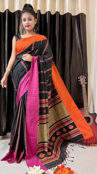 Black Pure Handloom Cotton Lines Design Saree