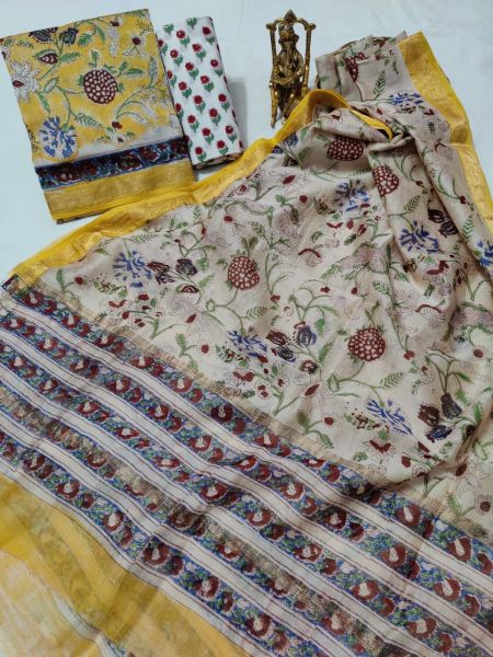 Cream Yellow Hand Block Printed Maheswari Silk Kurti Dupatta And Cotton Pant