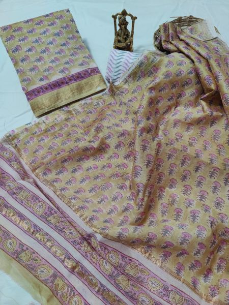 Yellow Pink Hand Block Printed Maheswari Silk Kurti Dupatta And Cotton Pant