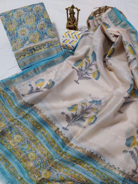 Cream Sky Blue Hand Block Printed Maheswari Silk Kurti Dupatta And Cotton Pant