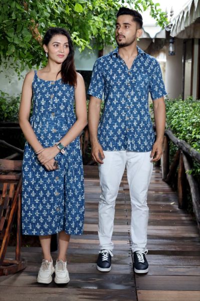 Blue Traditional Bagru Hand Block Printed Cotton One Piece Combo