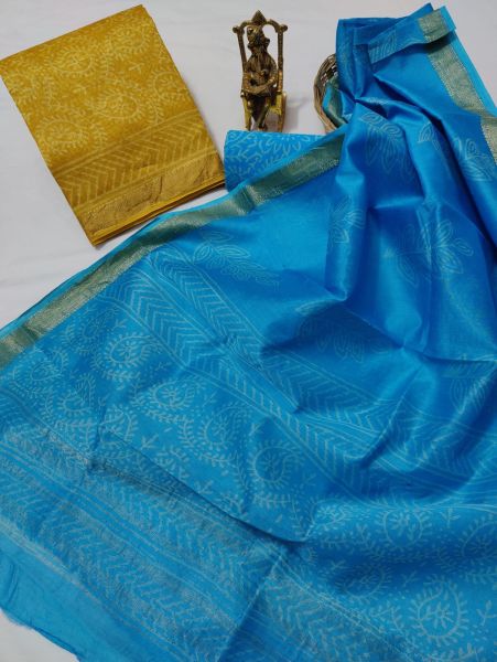 Blue Yellow Hand Block Printed Maheswari Silk Kurti Dupatta And Cotton Pant