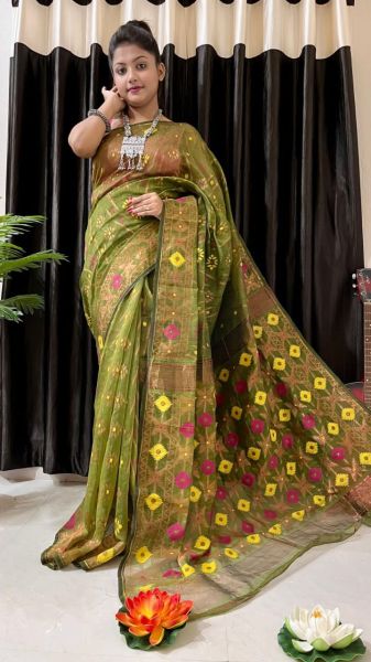 Mehndi Green Butta Silk Cotton Dhakai Jamdani Saree