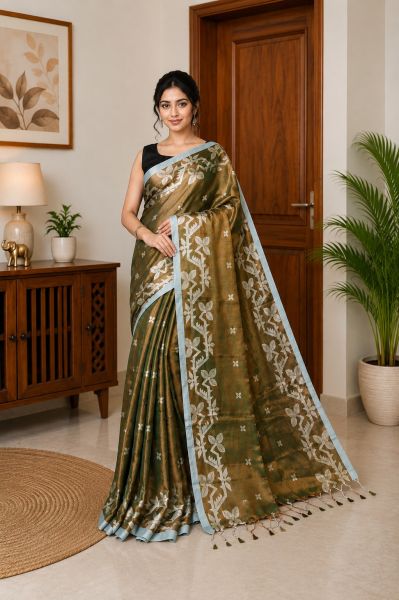 Olive Green Pure handloom Tissue Cotton Saree From Bengal