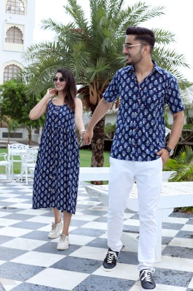 Royal Blue Traditional Bagru Hand Block Printed Cotton One Piece Combo