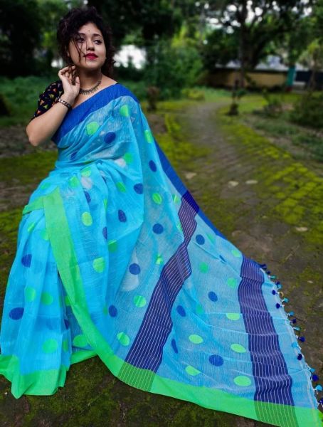 Aqua Blue Cotton Silk Ball Design Saree From Bengal