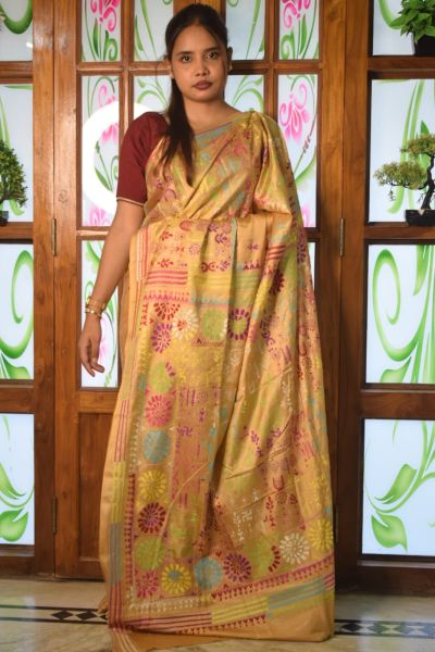 Yellow Pure Semi Silk Kanthastitch Saree From Bengal