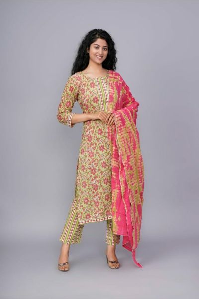 Moss Green Pink Hand Block Printed Cotton Kurti Pant And Mulmul Dupatta