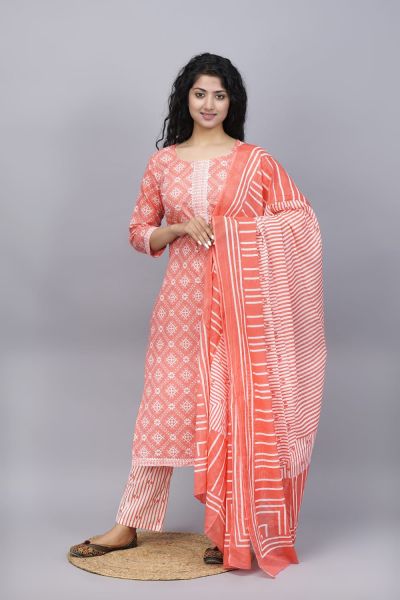 Peach White Hand Block Printed Cotton Kurti Pant And Mulmul Dupatta