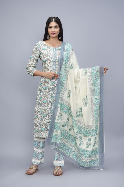 Off White Sky Blue Hand Block Printed Cotton Kurti Pant And Mulmul Dupatta