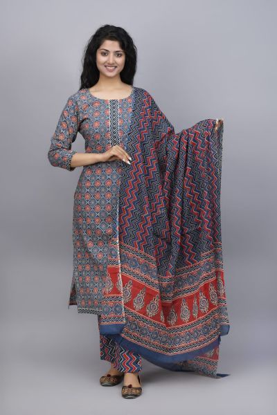 Blue Red Hand Block Printed Cotton Kurti Pant And Mulmul Dupatta