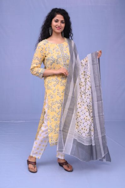 Yellow Grey Hand Block Printed Cotton Kurti Pant And Mulmul Dupatta