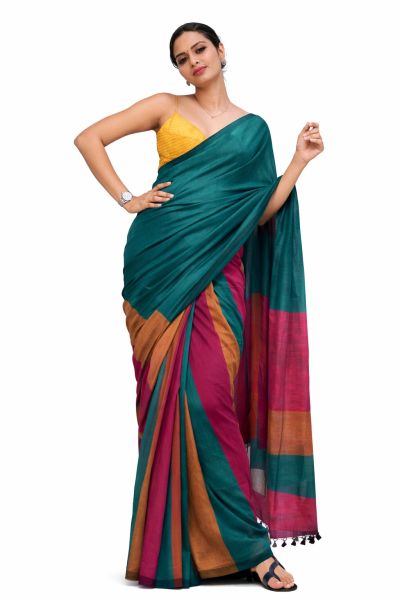 Multi Colour Women's Hand Weaving Pure Cotton Saree From Bengal
