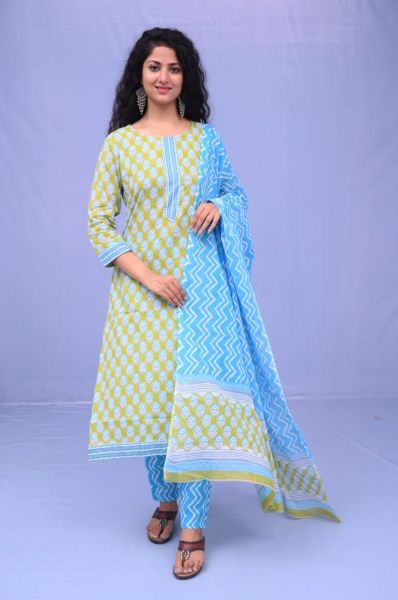Moss Green Sky Blue Hand Block Printed Cotton Kurti Pant And Mulmul Dupatta