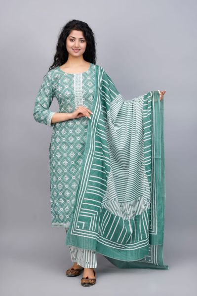 Green White Hand Block Printed Cotton Kurti Pant And Mulmul Dupatta