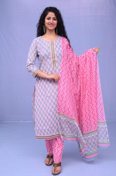 Grey Pink Hand Block Printed Cotton Kurti Pant And Mulmul Dupatta