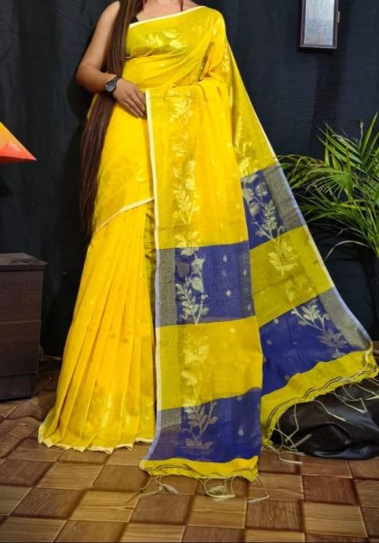 Yellow Blue Leaf Resham Cotton Handloom Saree From Bengal