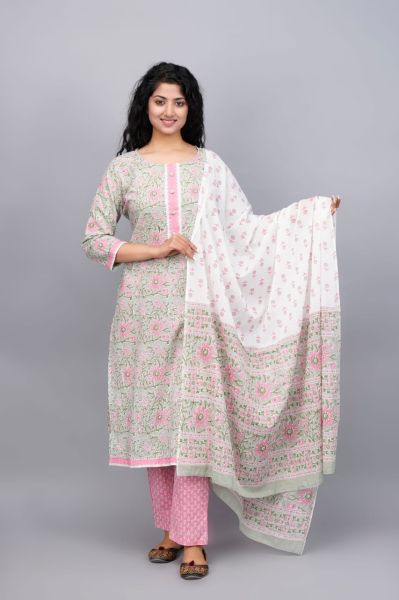 Sea Green Pink Hand Block Printed Cotton Kurti Pant And Mulmul Dupatta
