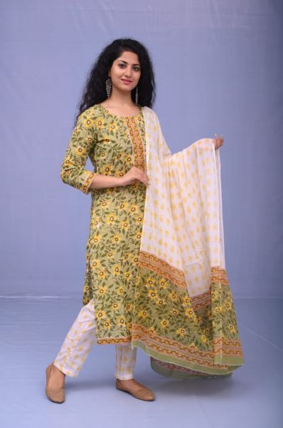 Moss Green Hand Block Printed Cotton Kurti Pant And Mulmul Dupatta
