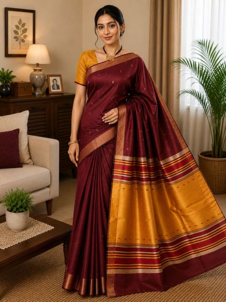 Maroon Classic Pure Handloom Dupion Raw Silk Saree From Bhagalpur