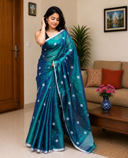 Peacock Blue Pure Handloom Tissue Cotton Saree From Bengal