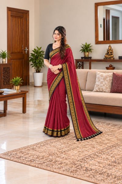 Maroon Pure Handloom Mulmul Cotton Saree From Bengal