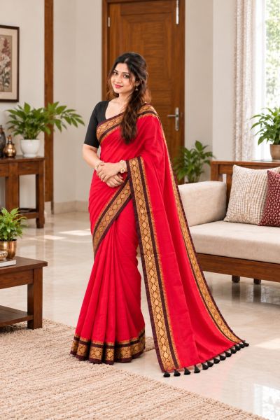 Red Pure Handloom Mulmul Cotton Saree From Bengal