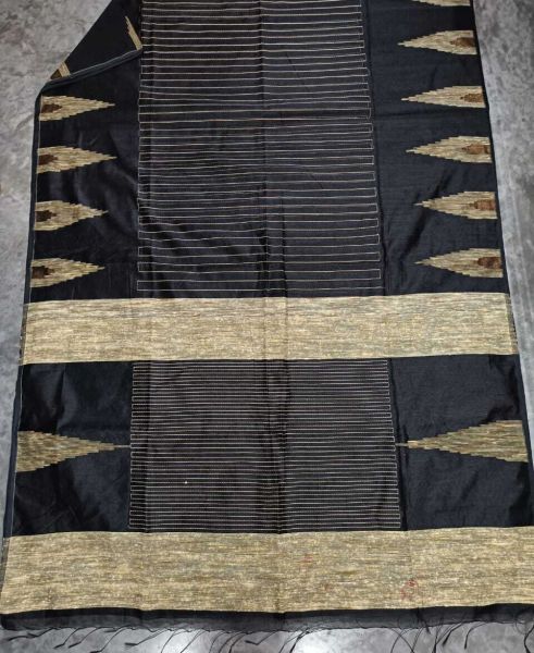 Black Cotton Silk Hand Weaving Temple Design Saree From Bengal