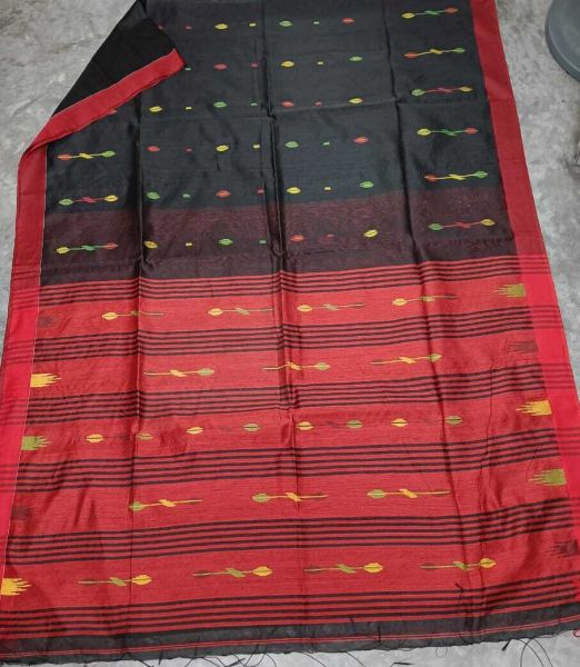 Black And Brick Red Silk Cotton Hand Weaving Butti Design Saree From Bengal