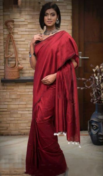 Maroon Plain Cotton Handloom Saree From Bengal