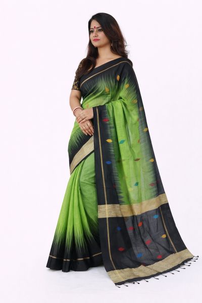 Green Black Ikkat Silk Cotton Saree From Bengal