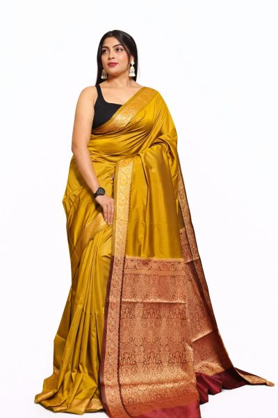 Mustard Yellow Kashmiri Pashmina Silk Saree From Bengal
