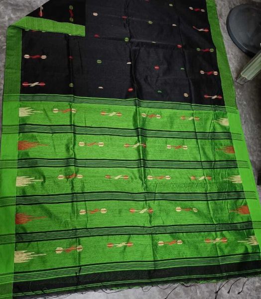 Black And Muted Green Silk Cotton Hand Weaving Butti Design Saree From Bengal