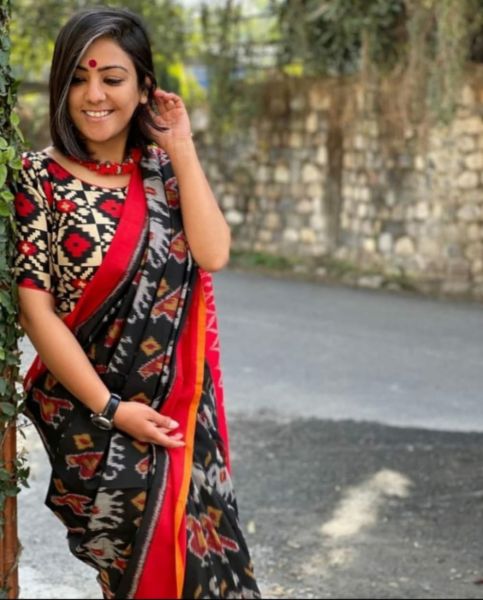 Black Elephant Design Hand Block Cotton Mulmul Saree