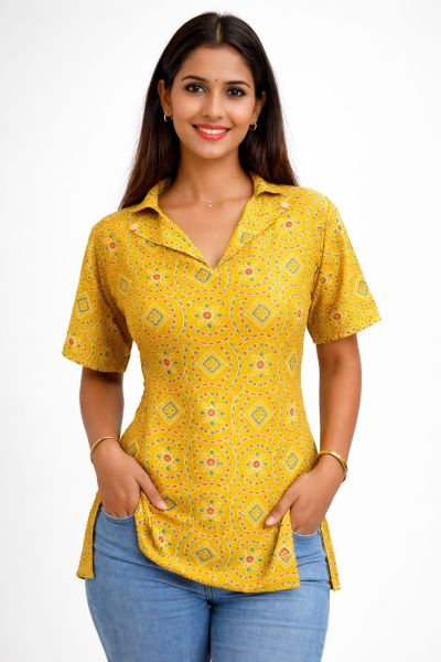 Yellow Sunshine Boxy Womens Hand Block Printed Tops From Bengal