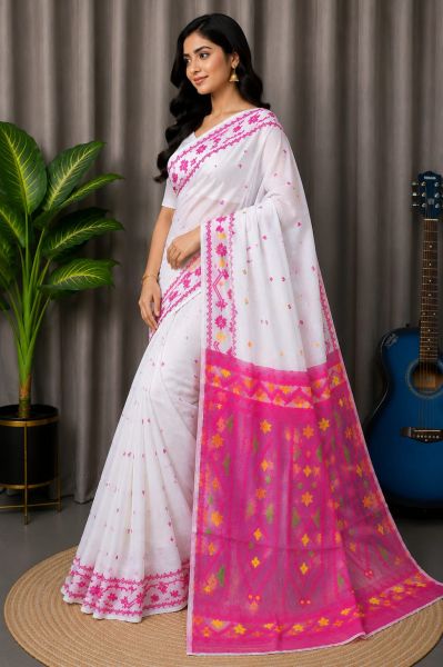 White Pure Handloom Dhakai Jamdani Saree From Bengal