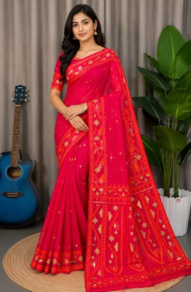 Red Pure Handloom Dhakai Jamdani Saree From Bengal