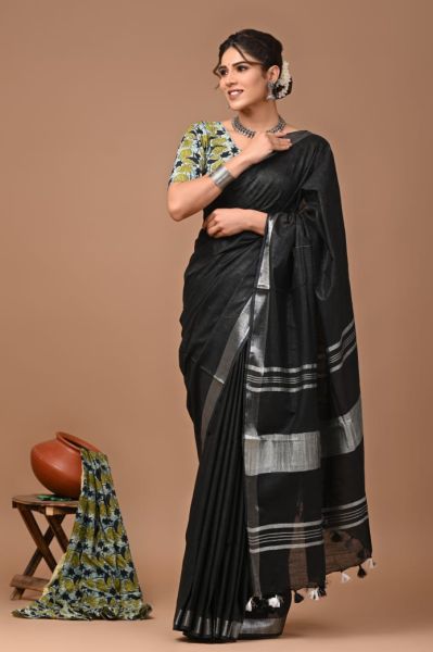 Black Pure Handloom Linen By Linen Saree From Bengal