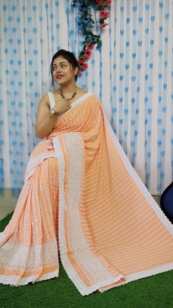 Peach Stripes Design Pure Handloom Rayon Saree