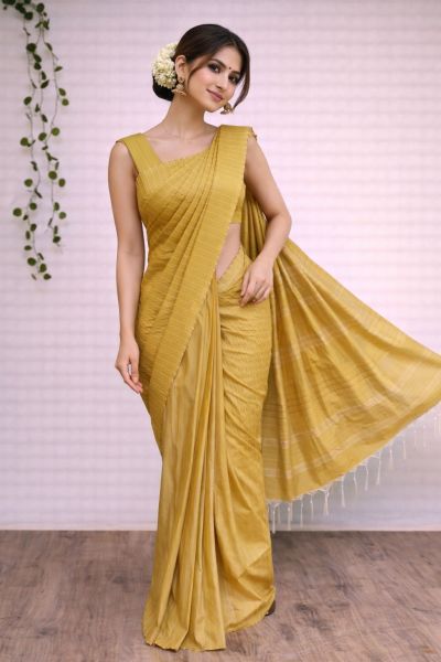 Mustard Yellow Kantha stitch Silk saree With Dobi Weaving Design Saree From Bhagalpur