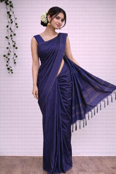 Navy Blue Kantha stitch Silk saree With Dobi Weaving Design Saree From Bhagalpur