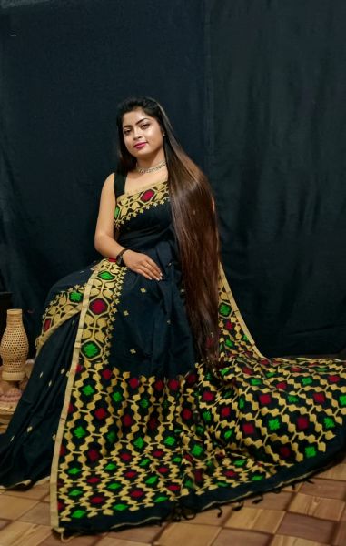 Black Leaf Dhakai Linen Cotton Saree From Bengal