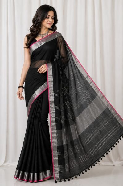 Black Handloom Linen By Linen Saree From Bengal